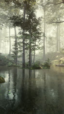 misty forest with a small pond