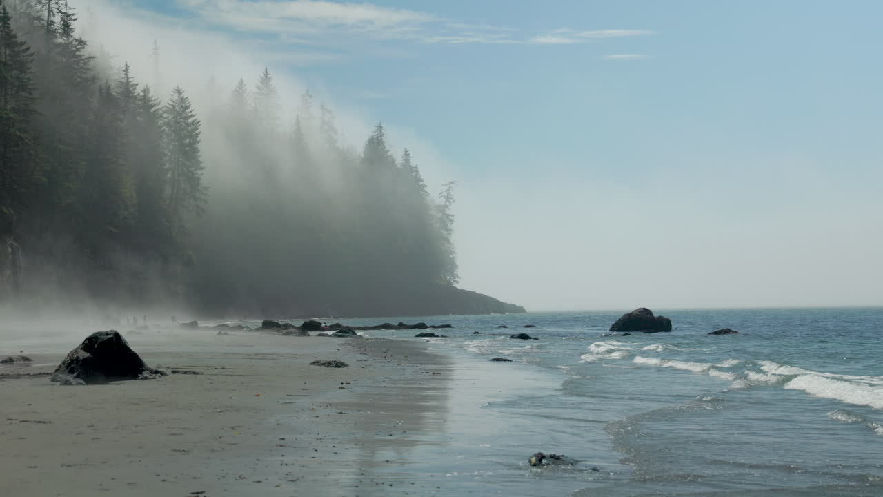 Mystic Beach on Vancouver Island with ocean fog gently flowing over lush coastal trees in slow motion