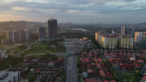 cityscape aerial view with highway and residential areas