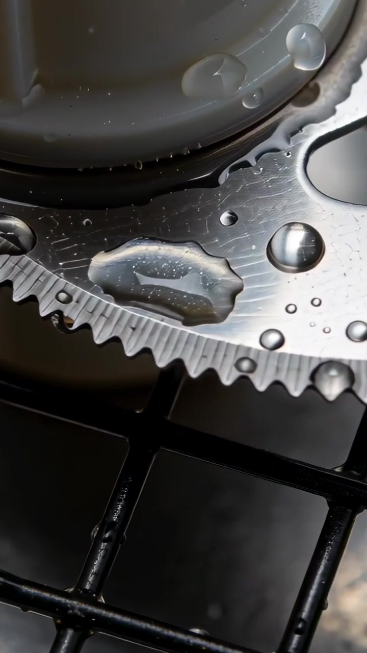 Vertical video: Sweeping camera inspecting serrated ring with droplets over grate near plastic hub