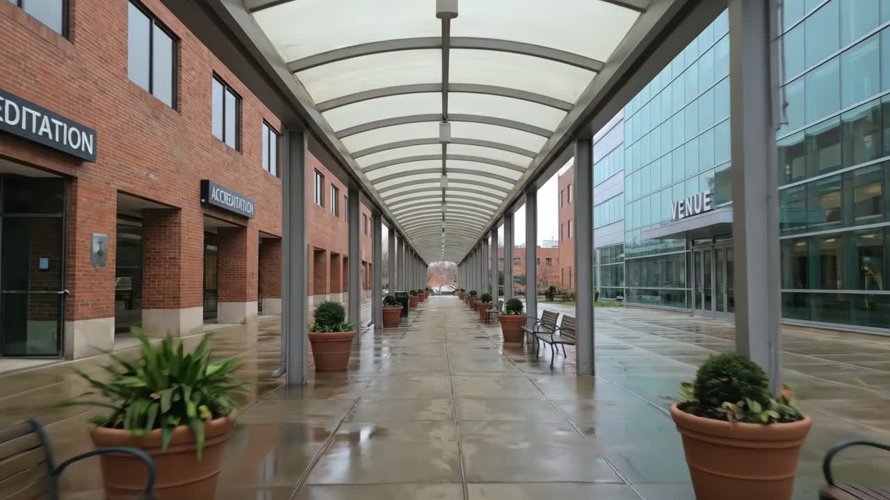 Attraversando una passerella coperta vuota in un campus moderno