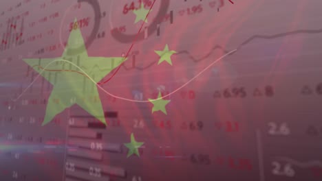 animation of chinese flag waving over financial data processing with lines recording