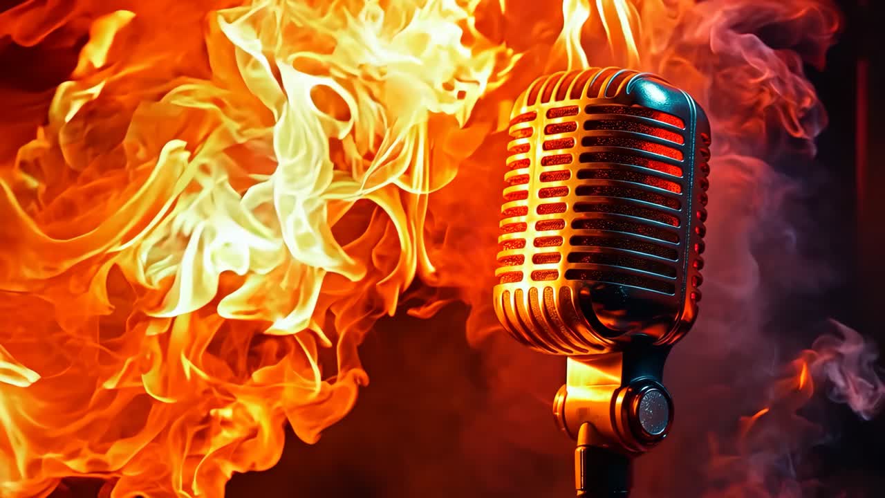 un micrófono rojo en llamas con humo saliendo de él
