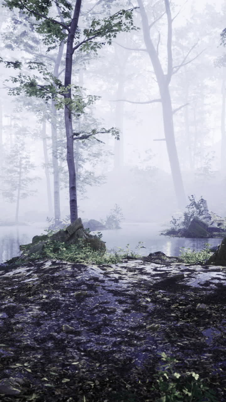 Misty forest at dawn reveals tranquil waters and verdant foliage