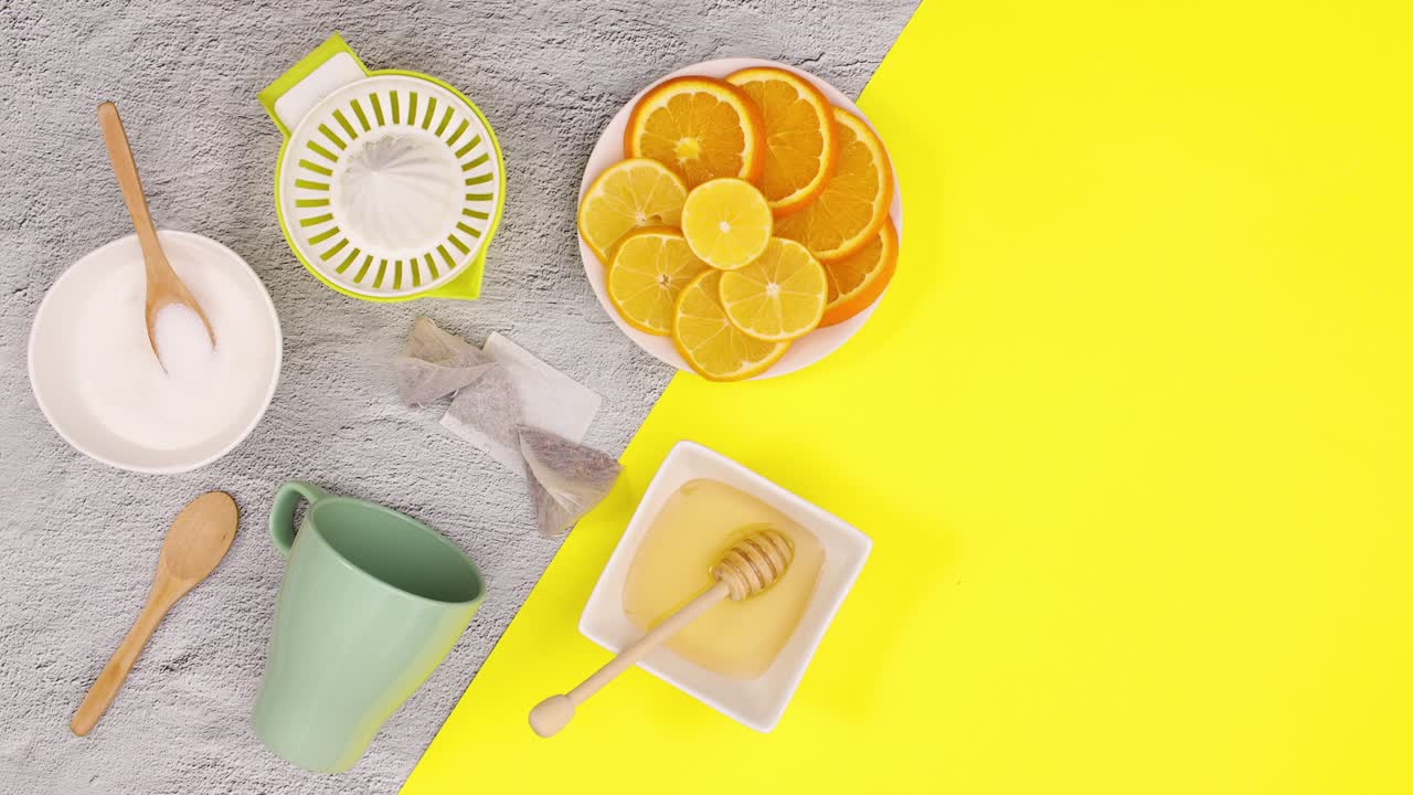 Making tea supplies appear on yellow theme. Stop motion