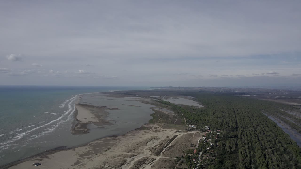 video de drones sobre el parque natural divjake-karavasta, toma frontal avanzando sobre la orilla de la playa y los árboles
