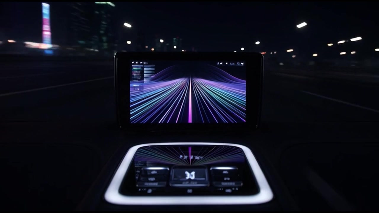 Cruscotto futuristico di un'auto che mostra la navigazione digitale di notte