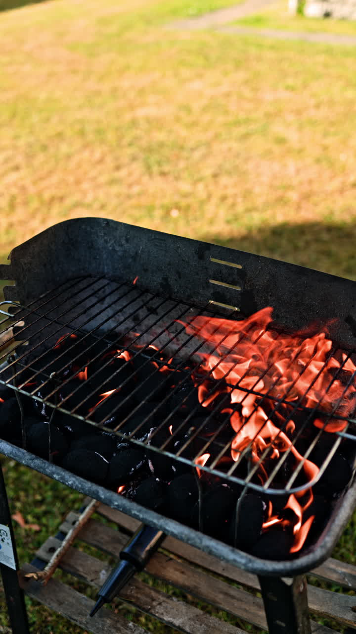 Briquetas de carbón ardiendo en una parrilla exterior. Parrilla de barbacoa con carbón encendido al aire libre. Parrilla para freír carne al aire libre