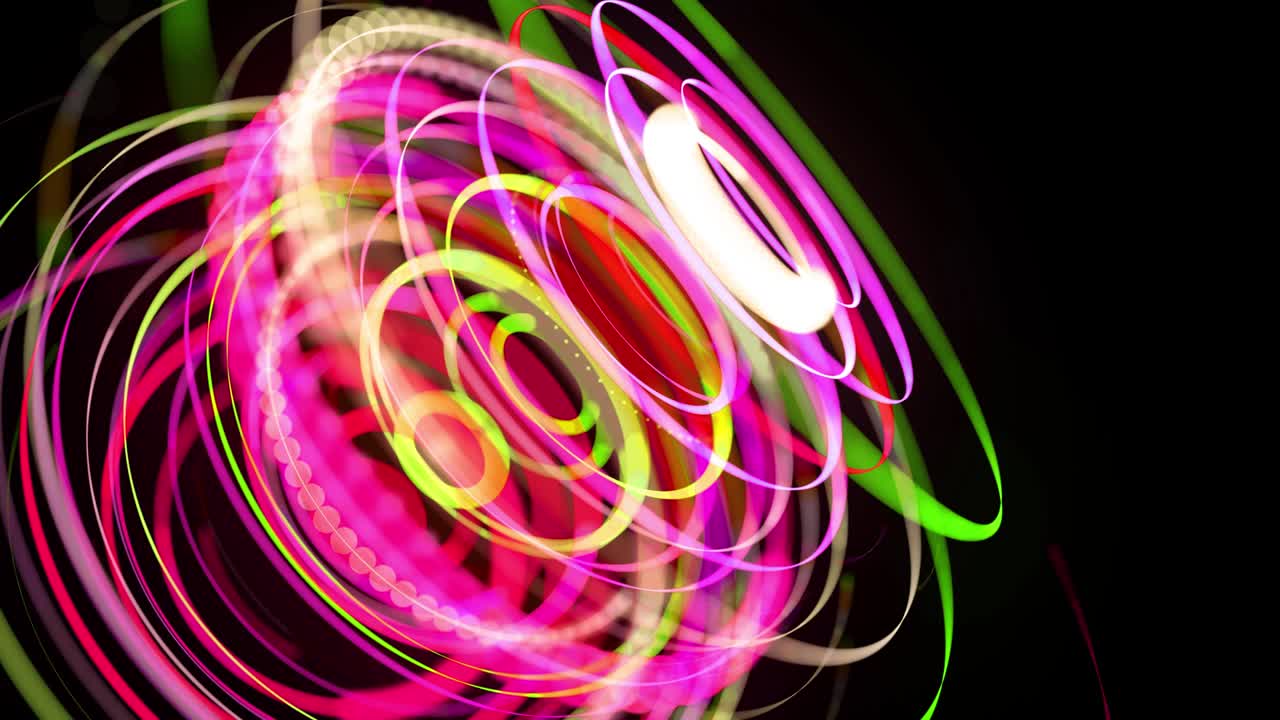 flujo de luz bg en 4k. fondo en bucle abstracto con rastros de luz, flujo de líneas de neón verde rojo amarillo en el espacio se mueven para formar formas de anillo. diseño de movimiento moderno de moda efecto de luz de fondo
