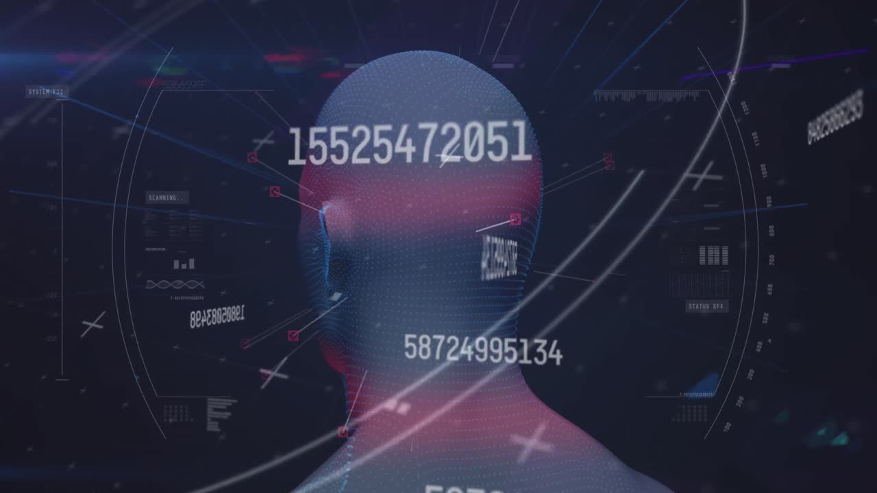 Animation of numbers changing over human head spinning and scope scanning in background