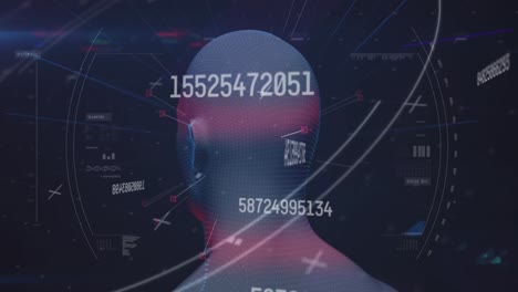 animación de números cambiando sobre la cabeza humana girando y escaneo de alcance en el fondo