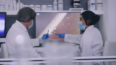dos científicos mirando las células en una computadora