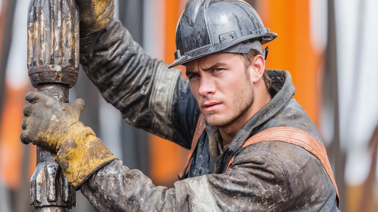 Determined Construction Worker Focused on His Task Amidst a Busy Worksite, Showcasing Dedication and Skill in Heavy Machinery Operations