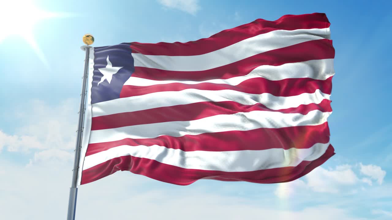 Bandiera della Liberia che sventola al vento contro un cielo blu intenso. Tema nazionale, concetto internazionale. Render 3D, Loop senza interruzioni 4K.