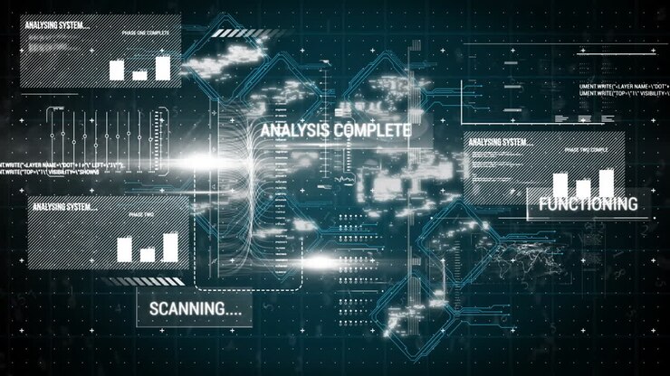 Animasjon: analyse fullført og skanning, over et digitalt grensesnitt med futuristisk grafikk
