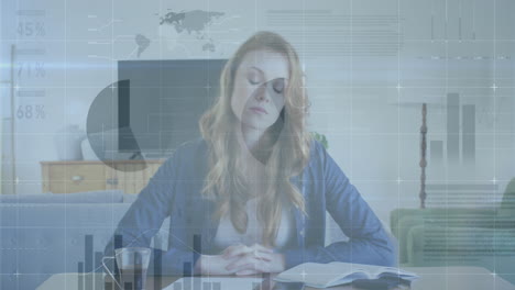 animation of statistical data processing over caucasian woman talking looking at the camera