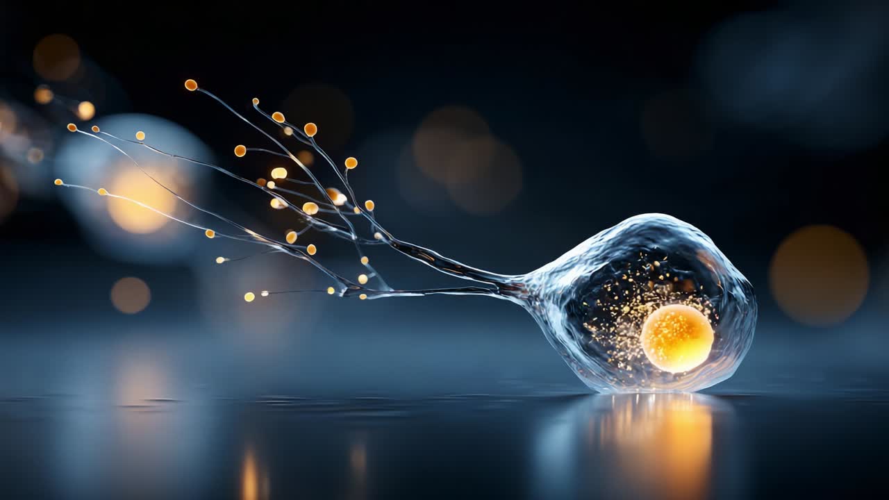 An Intriguing Close-Up of a Glowing Cell with Delicate Filaments, Capturing the Essence of Life in Motion, Representing the Intersection of Nature and Artistry with Its Ethereal Glow and Dynamic Form