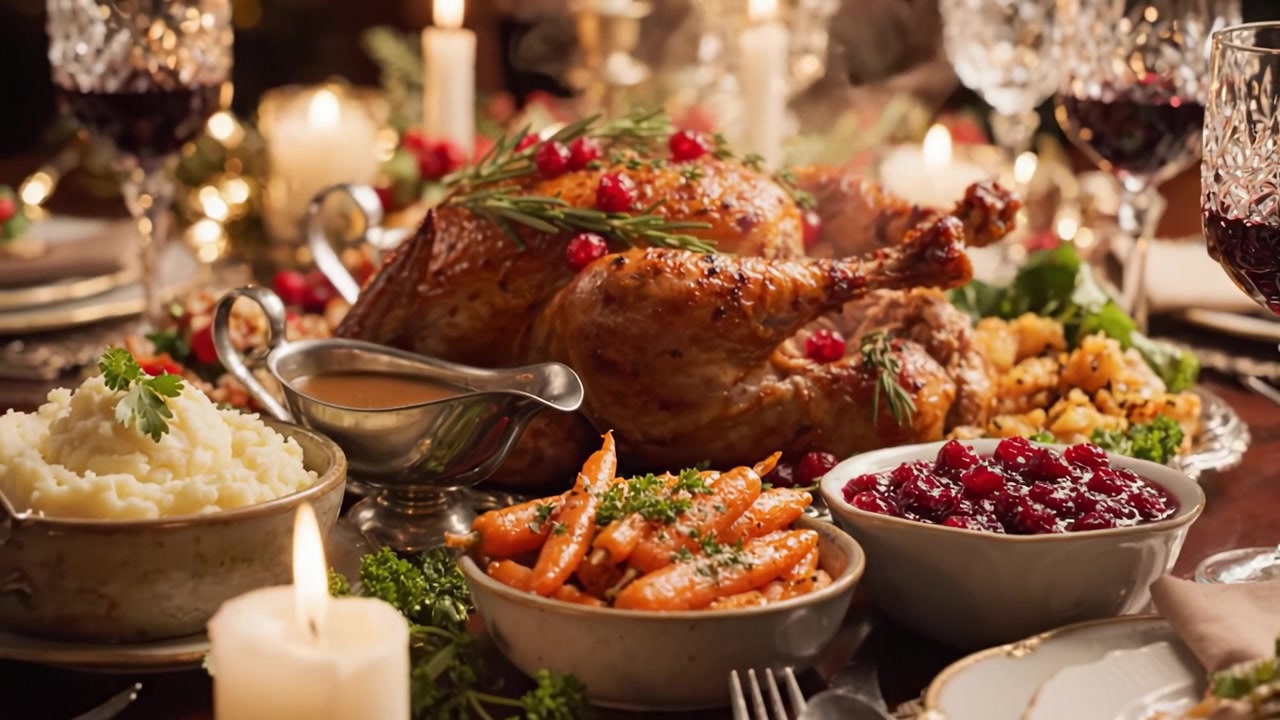 A Festive Feast Featuring a Roasted Turkey Surrounded by Delicious Sides and Elegantly Arranged Table Decor with Candles and Wine to Create a Cozy Atmosphere