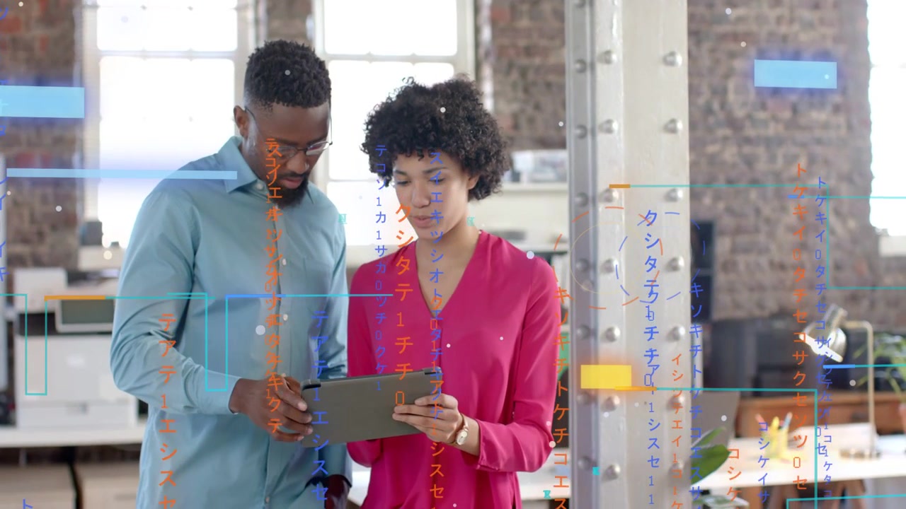 Man tapping tablet, woman holding tablet, starting overlays highlighting data for business review