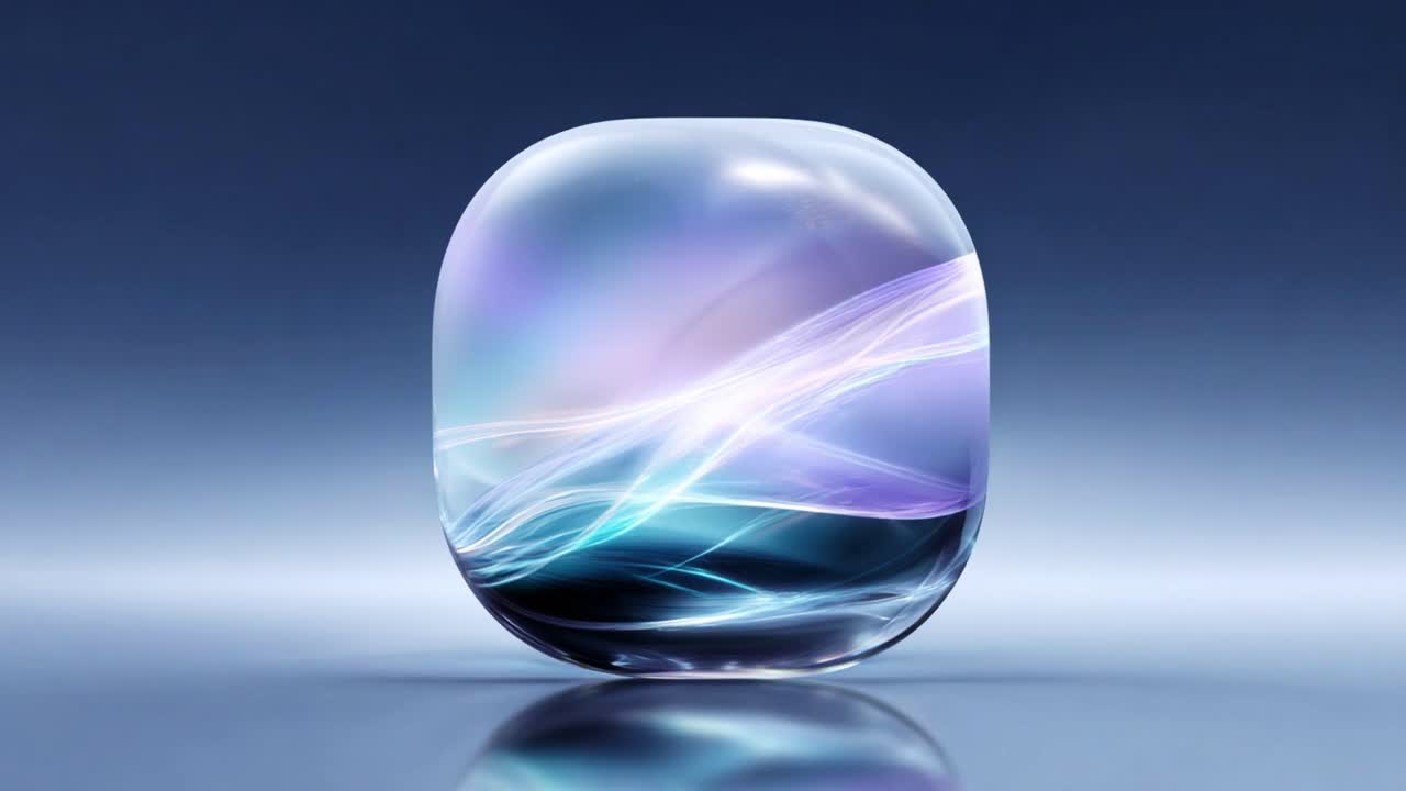 A captivatingly abstract representation featuring fluid dynamics and ethereal light, showcasing a smooth, rounded shape with vibrant color transitions and a tranquil blue backdrop