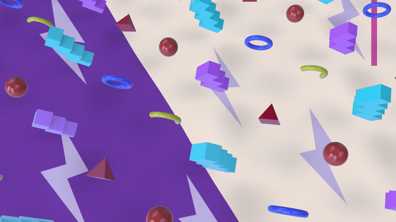 animación de múltiples formas abstractas que se mueven en movimiento hipnótico sobre un fondo púrpura y blanco