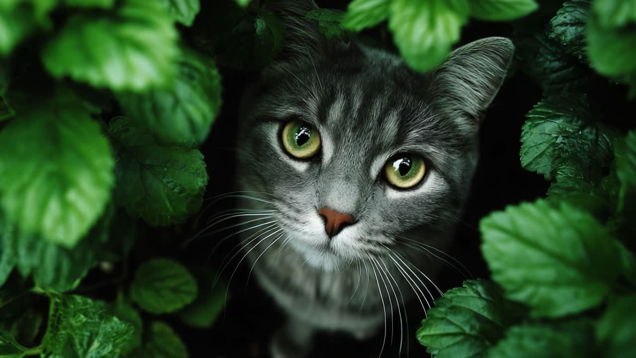 Un sorprendente gatto grigio sbircia tra il lussureggiante fogliame verde, catturando l'essenza della curiosità e della natura in un vivido ambiente boschivo.