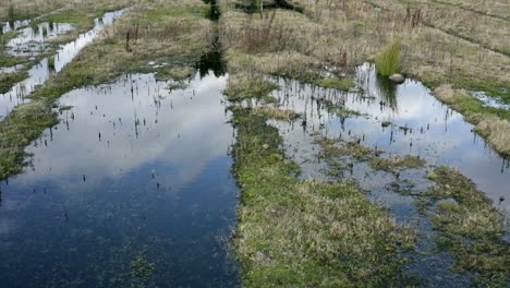 an abstract smooth shot over flooded wetland, puddles and reflections of the sky | edinburgh, scotland | 4k at 30fps