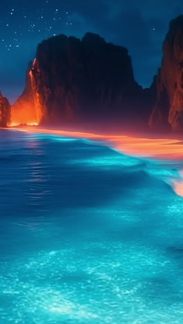 glowing waves on night shore. bright waves crash on a rocky shore illuminated by bioluminescence under a starry sky.