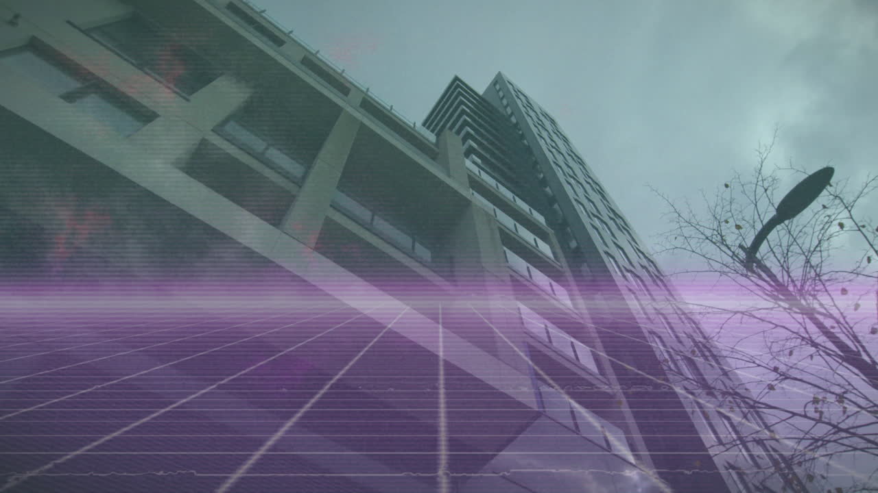 Digital grid and data lines overlaying urban skyscraper, creating animation effect