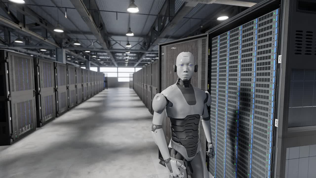 cyborg umanoide in server internet sala hi tech parto concetto intelligenza artificiale prendendo il sopravvento in 3d rendering animazione sicurezza informatica prototipo di spia di guerra