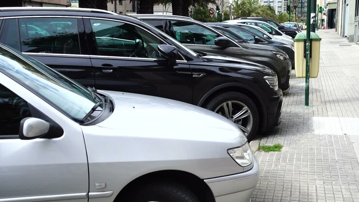 El aparcamiento para coches. La Coruña, España. Grabación en movimiento.