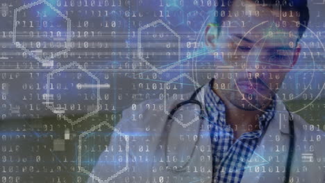 animación del procesamiento de datos de codificación binaria sobre un médico masculino