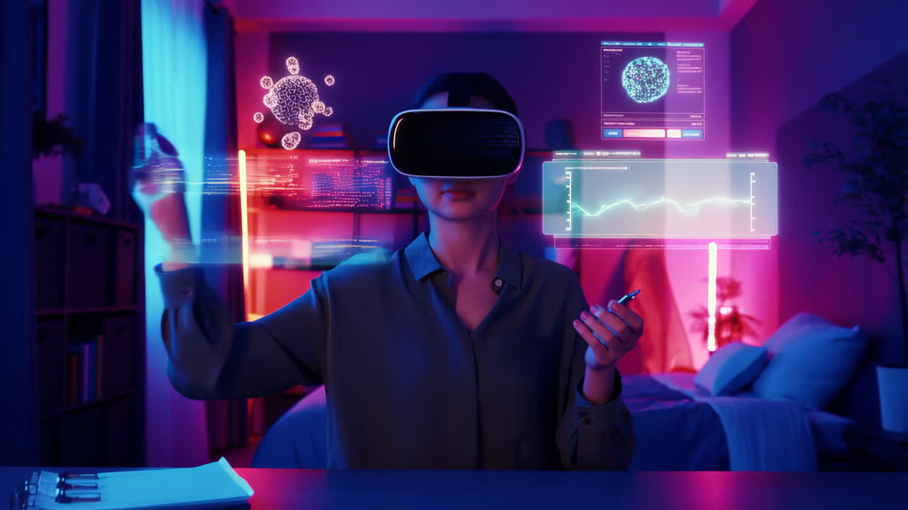 Woman Interacting with Holographic Data using a VR Headset in a Futuristic Home Environment