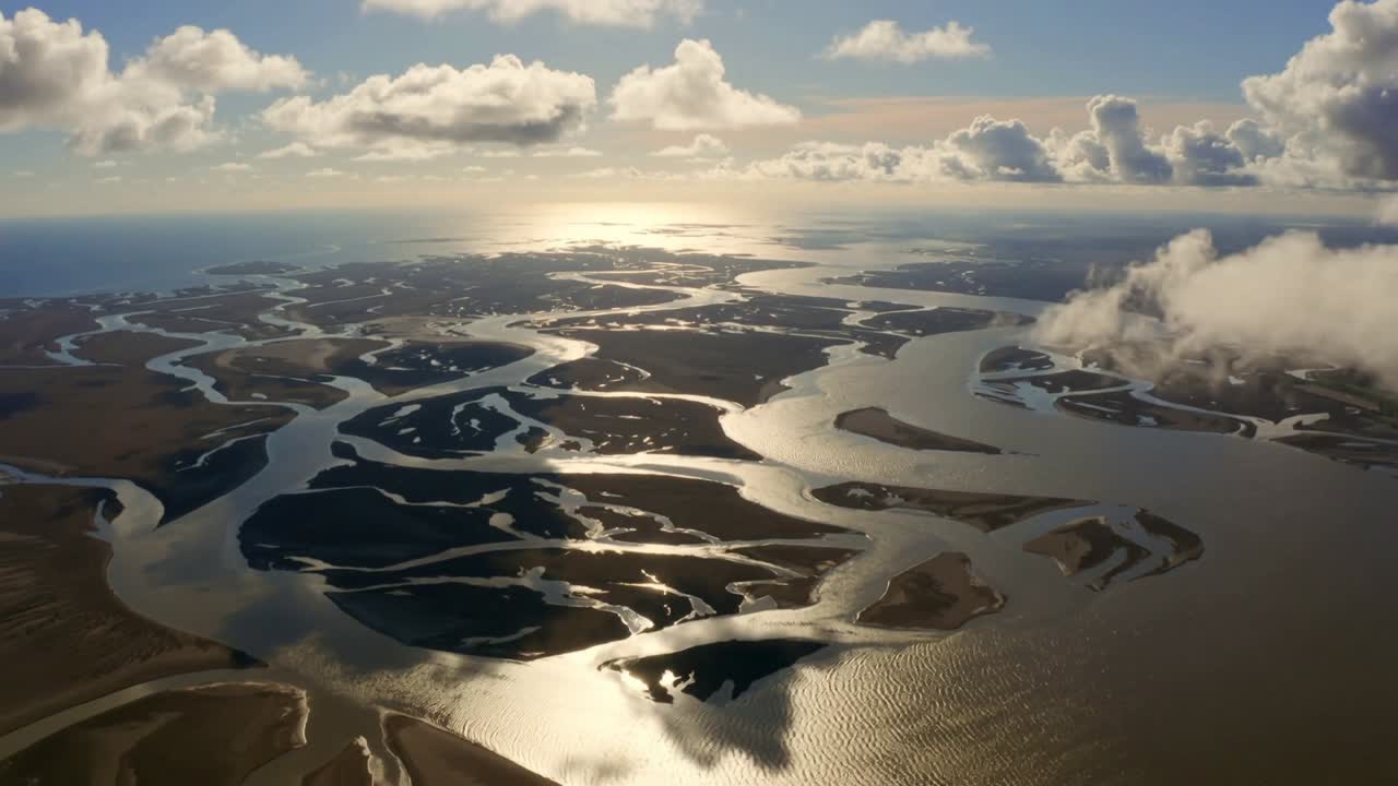 Glitrende, flettede kanaler og sandbanker over et flodudløb i den lave sol, som afslører vandpytter med skyernes skygger.