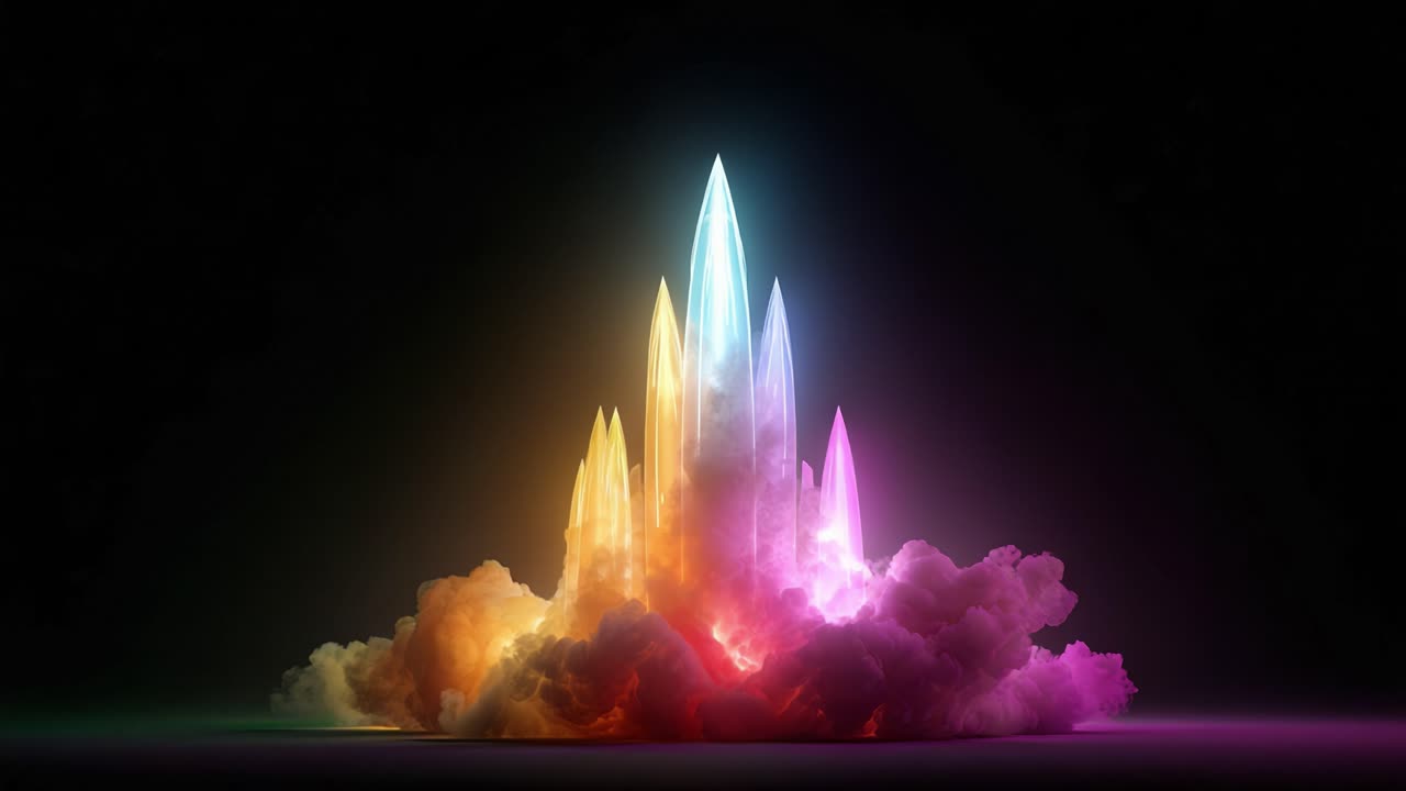 Mystical rainbow colored crystals growing and pulsing with light, emerging from a vibrant cloud of smoke against a dark background, representing magic, power, energy, and creation