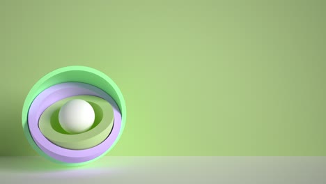 diseño de movimiento minimalista en 3d, bola escondida dentro de hemisferios coloridos, capas que se abren, objetos geométricos simples, formas primitivas aisladas en fondo verde, imagen en vivo, póster animado moderno