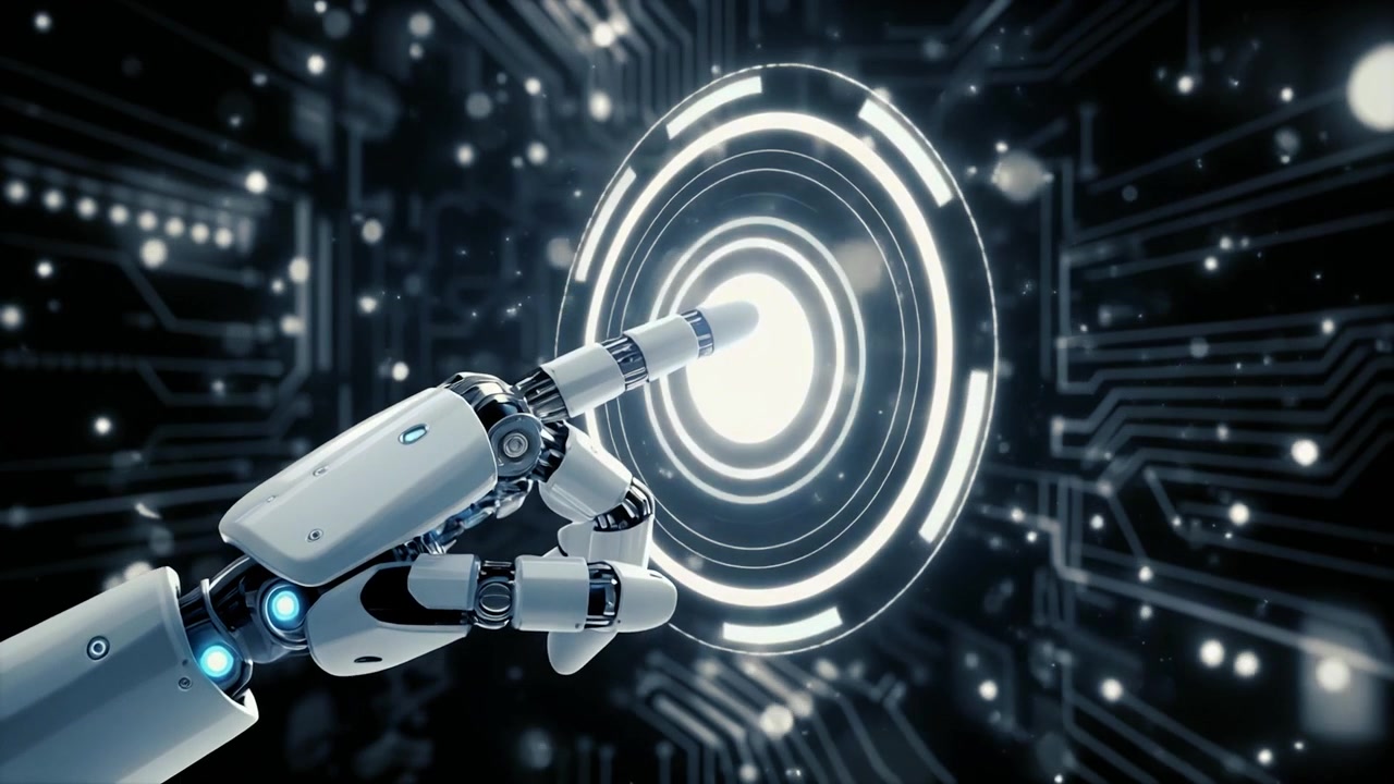 Robotic Hand Touching Digital Interface in Futuristic Circuit Environment