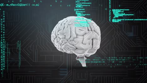 Animation of data processing and human brain over dark background