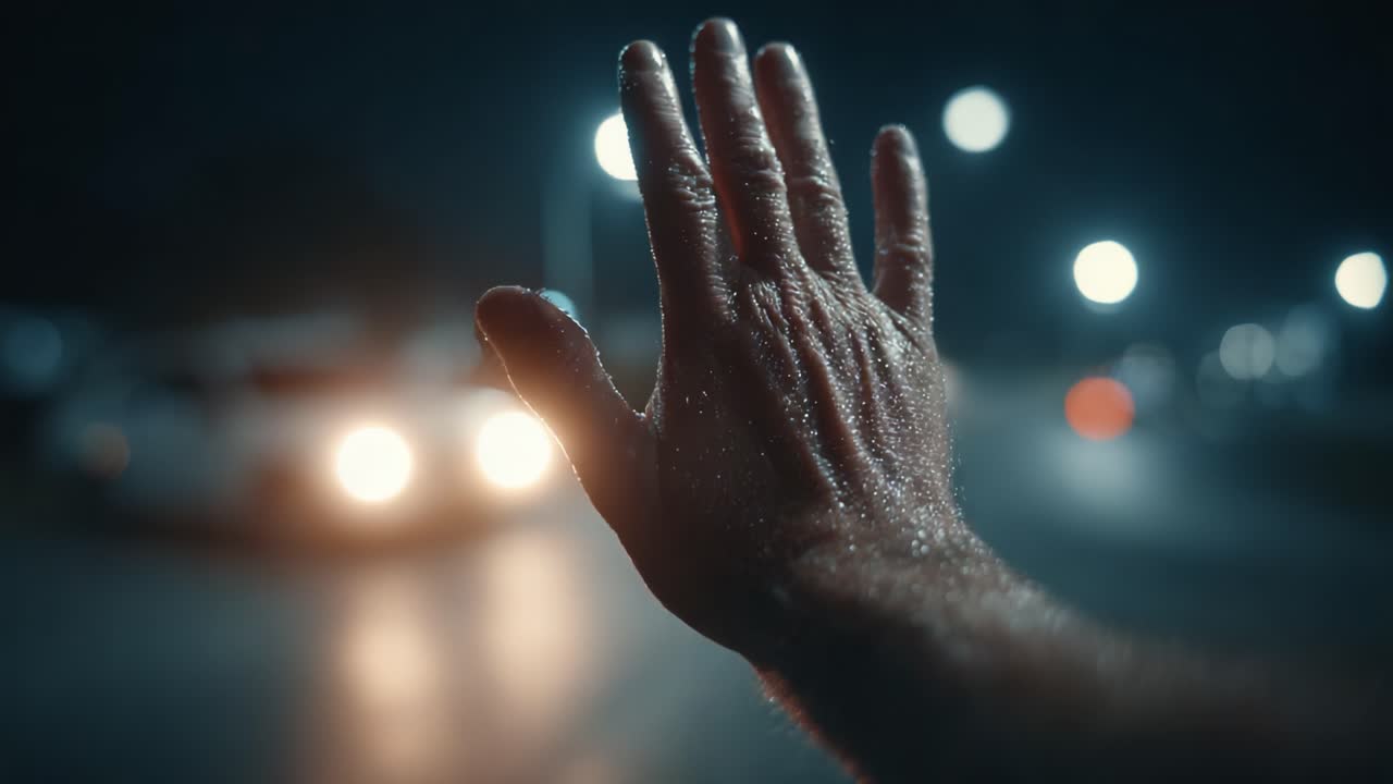 Una mano scintillante tesa di notte, che indica un gesto verso un veicolo in avvicinamento in un ambiente urbano scarsamente illuminato con riflessi di luce sfocati