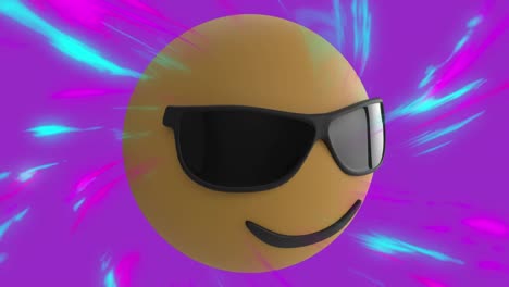 animación del icono de emoji de gafas de sol sobre luces rosadas y azules