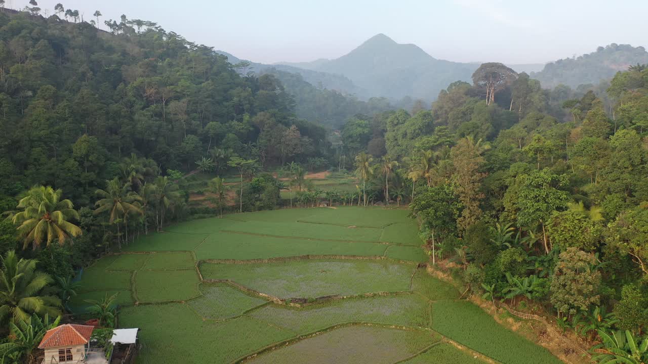 Aerial View of a Mountain Valley with Rice Paddies and Villages