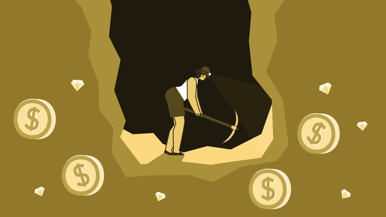 노란색 스타일의 평평한 여성 캐릭터는 동굴에서 미국 달러와 동전을 채굴합니다. 고립된 루프 애니메이션