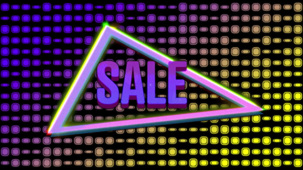 백그라운드에 있는 디스크 행과 네온 삼각형 위의 판매 텍스트의 애니메이션