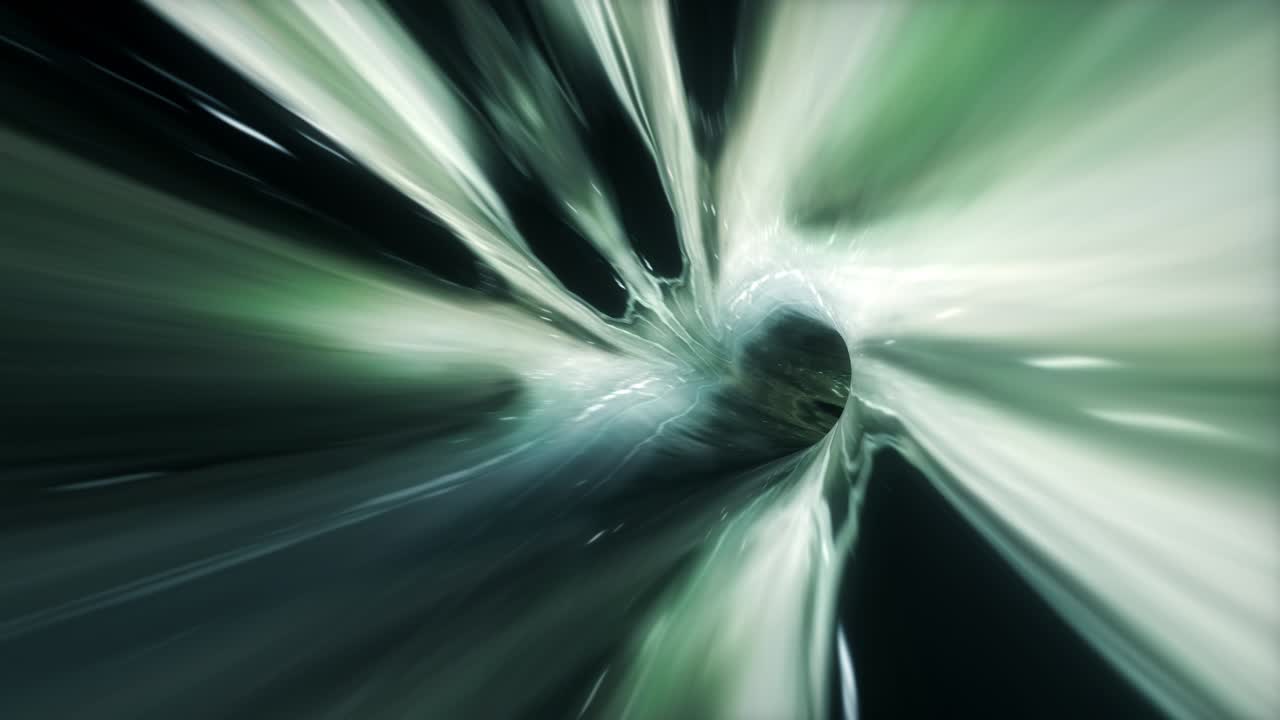 Abstract dark green alien hyperspace warp tunnel through time and space animation. 4K 3D Loop Sci-Fi interstellar travel through wormhole in hyperspace vortex tunnel. Abstract teleportation velocity