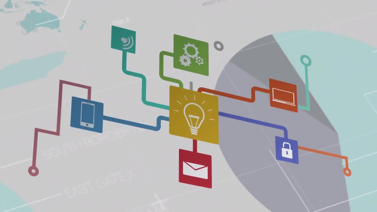 animación de procesamiento de datos e iconos de medios sobre un fondo blanco.