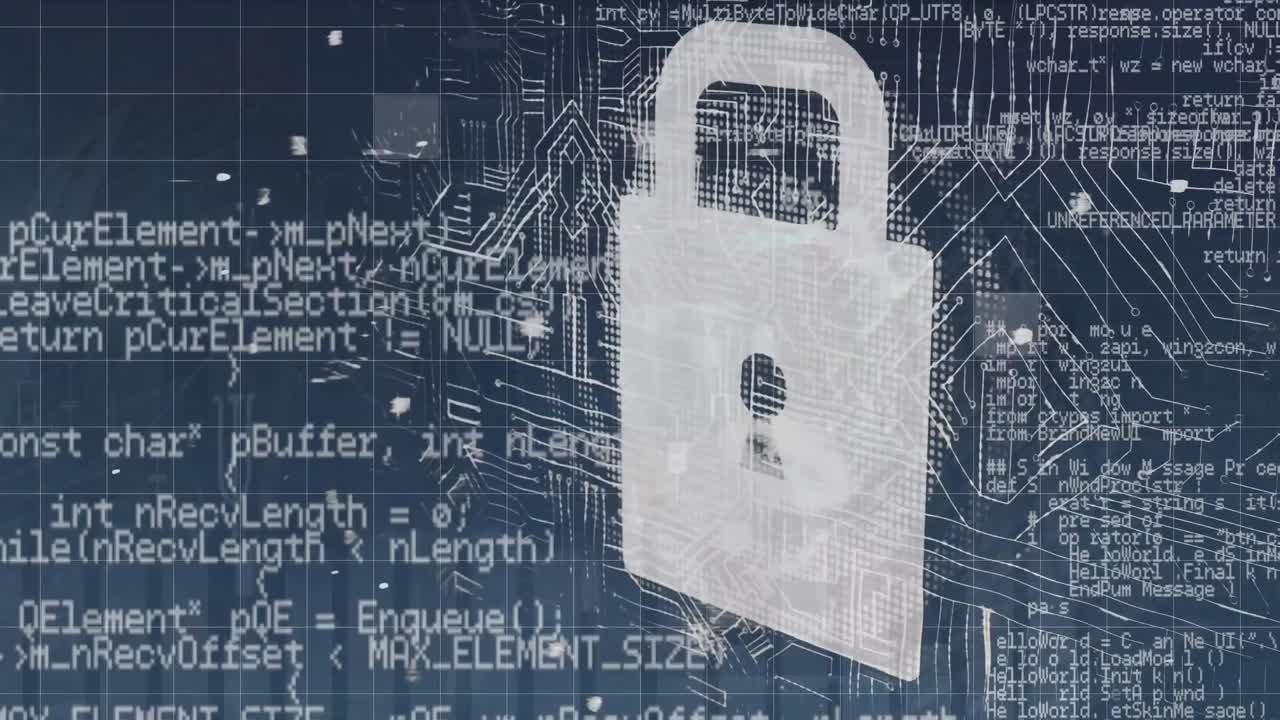 Animation of graph, computer language over padlock and circuit board pattern on black background