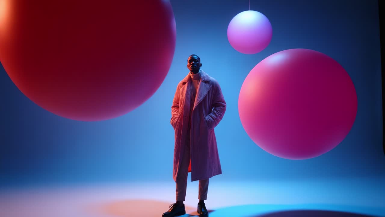 A striking figure stands confidently against a vibrant backdrop filled with colorful spheres, showcasing a stylish and bold fashion statement amidst a surreal, dreamy atmosphere