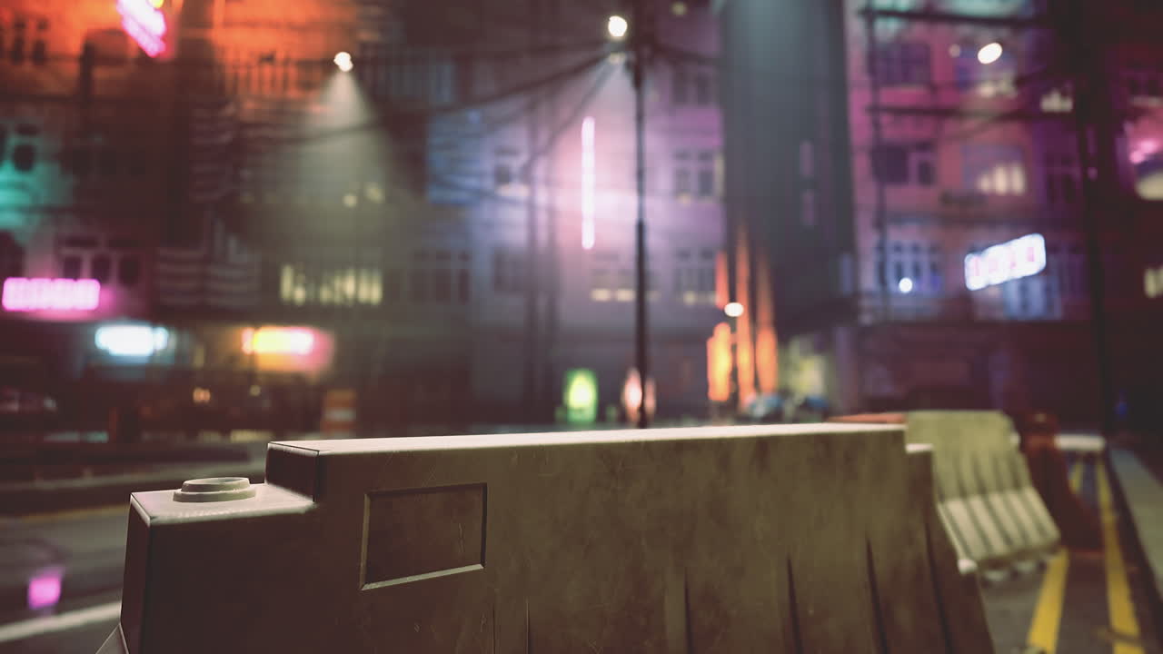 Vibrant city street illuminated by colorful neon lights at night