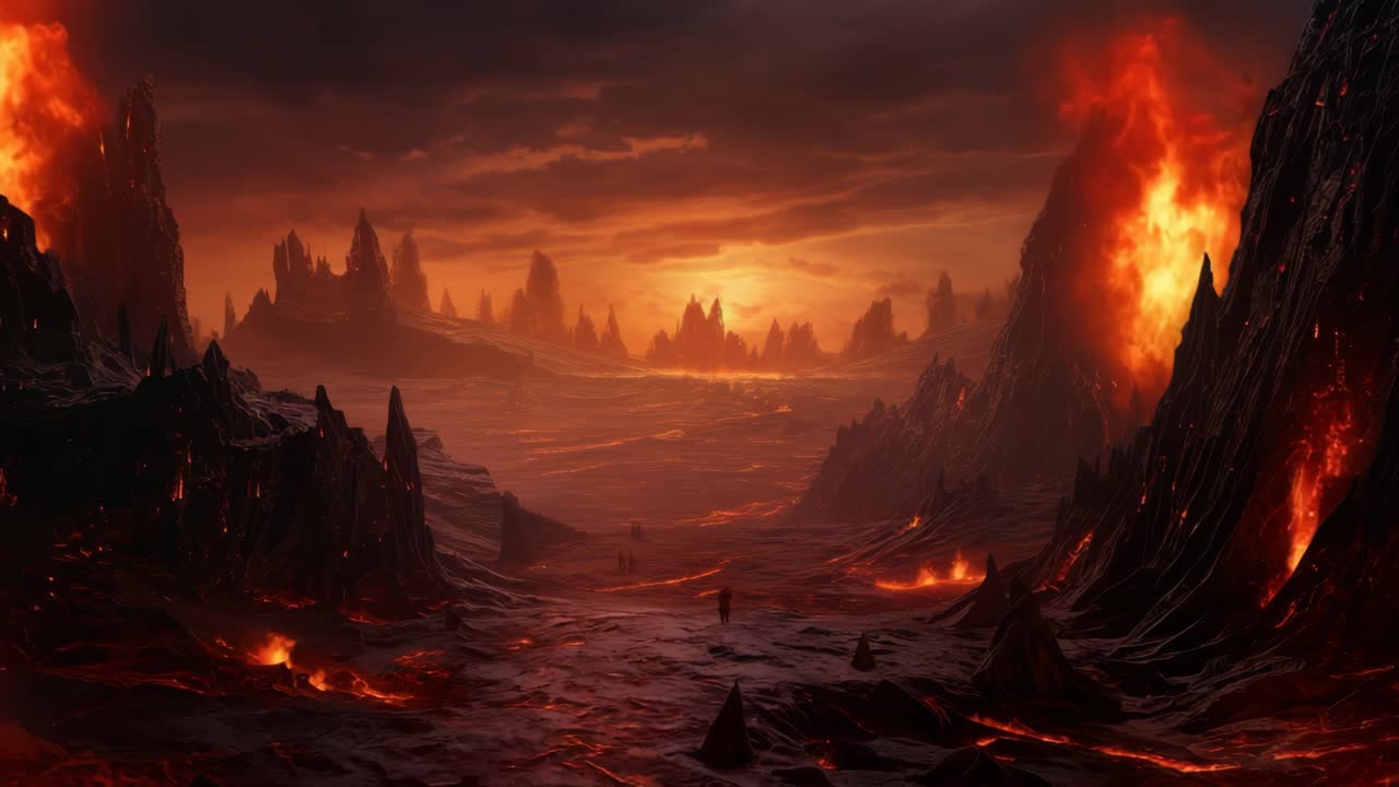 Dramatische Vulkanlandschaft mit glühender Lava und feurigen Eruptionen
