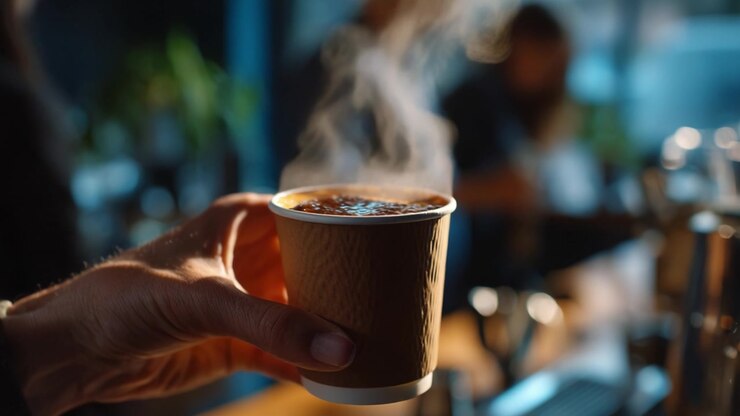 Una mano che tiene una tazza di caffè caldo con vapore che sale in un'accogliente caffetteria, catturando l'essenza di comfort, calore e l'atmosfera invitante della cultura del caffè